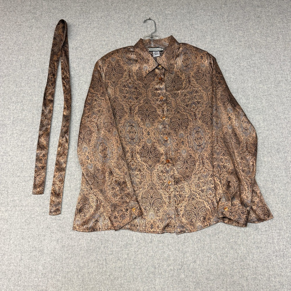 Notations | Button Up Shirt | XL | Brown | Paisley 100% Silk Scarf Necktie Blous